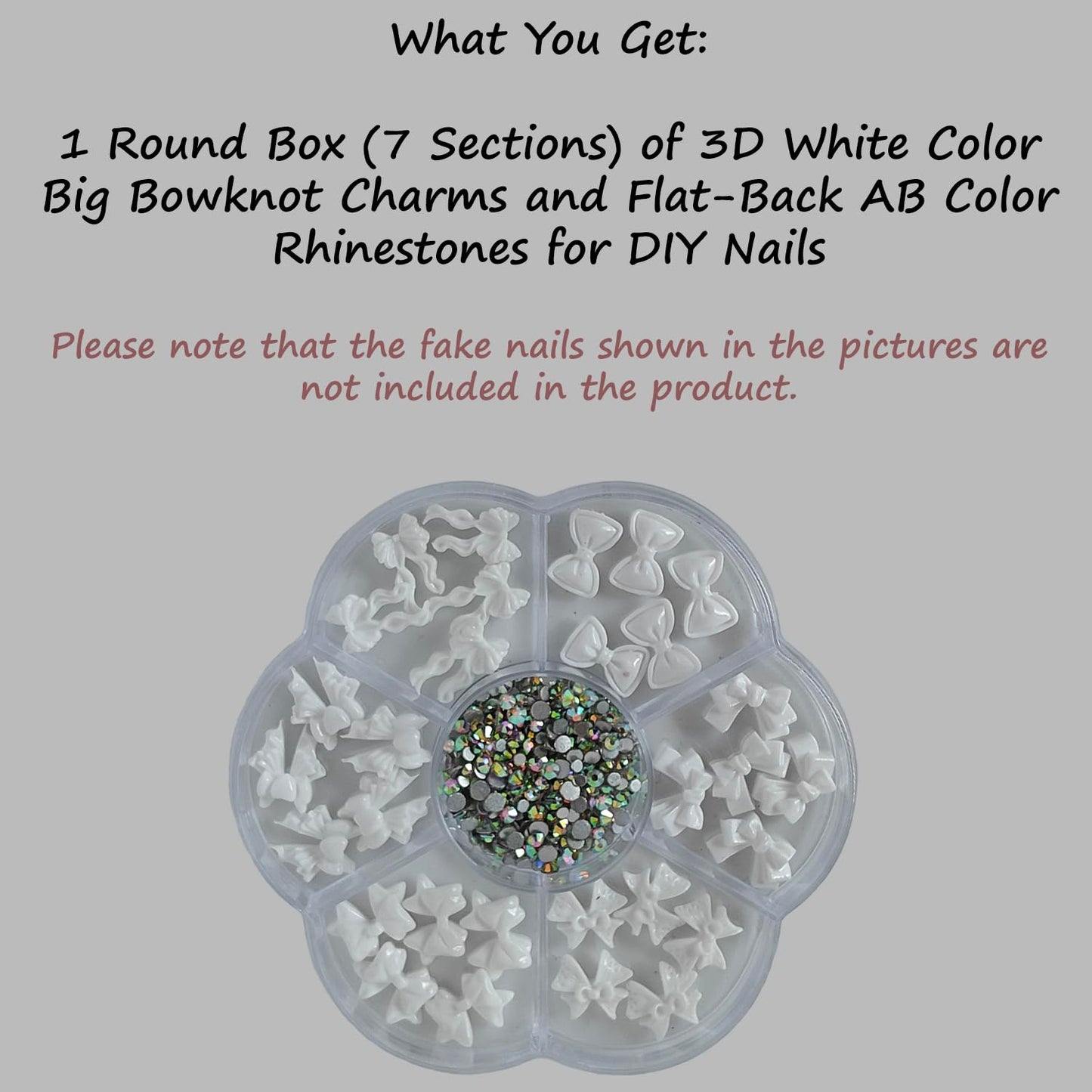 S.A.V.I 3D White Bow Nail Art Charms Set with 7-Section Box (8.3 cm) | Resin Bowknot & AB Flat-Back Rhinestones | Glossy DIY Nail Accessories for Salon & Home Use