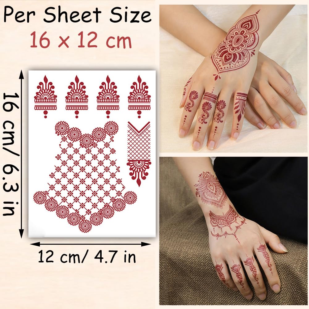 S.A.V.I 2 Sheets - Red Mehndi Style Temporary Tattoo Stickers for Women & Girls (16x12cm) | Floral Net Design | Waterproof, Safe, Non-Toxic Body Art for Hands – Easy to Apply & Remove (#59)