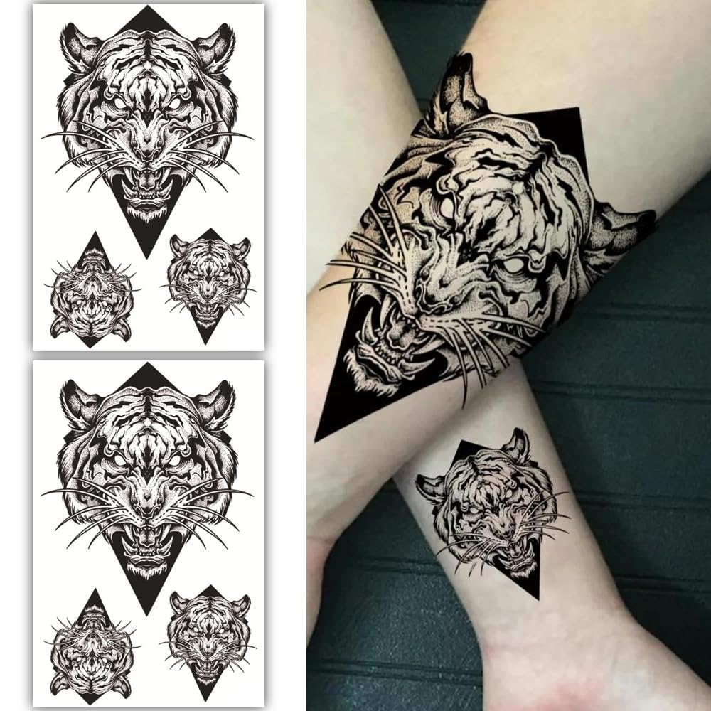 S.A.V.I 2 Sheets Black Tiger Temporary Tattoos for Men  Women, Large 19x12cm Arm/Leg Tattoo Stickers, Waterproof, Long-Lasting, Easy to Apply - Bold Animal Design Body Art