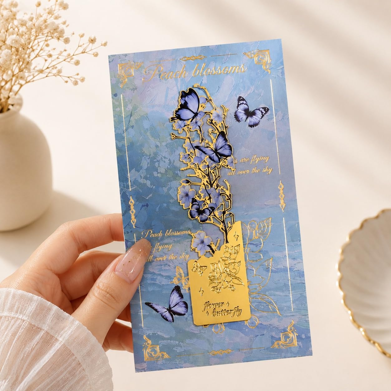 S.A.V.I Metal Bookmark Blue Gold Butterfly Flower Design 10x3 cm | Brass-Tone Finish, Durable Construction, For Students & Teachers, Decorative Cutwork, Reading Accessory