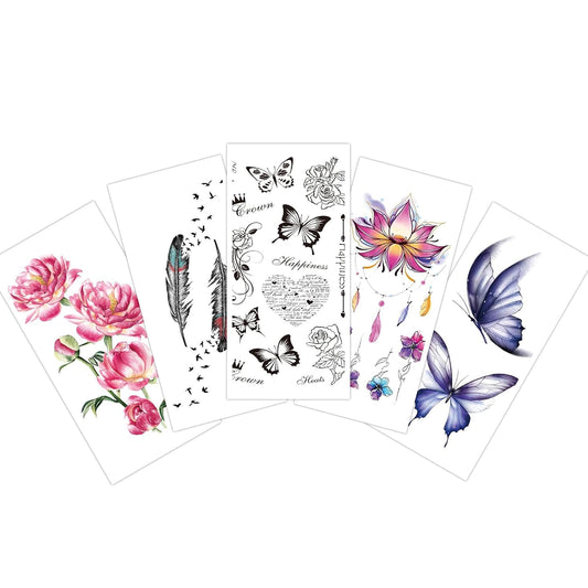 S.A.V.I 5pcs Tattoo Stickers Heart, Butterflies, Flowers, Feathers | 10.5x6cm | For Men  Women