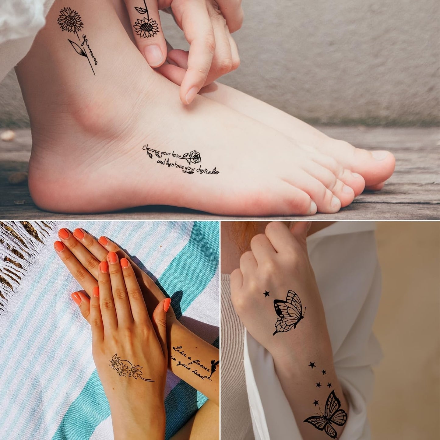 S.A.V.I 30 Pcs Black Temporary Tattoos for Women Girls – Waterproof, Safe & Non-Toxic Body Art Stickers | Minimalist Floral, Butterfly, Quote Designs | Easy to Apply & Remove | Skin-Friendly - 9.7x5.7 cm (02)