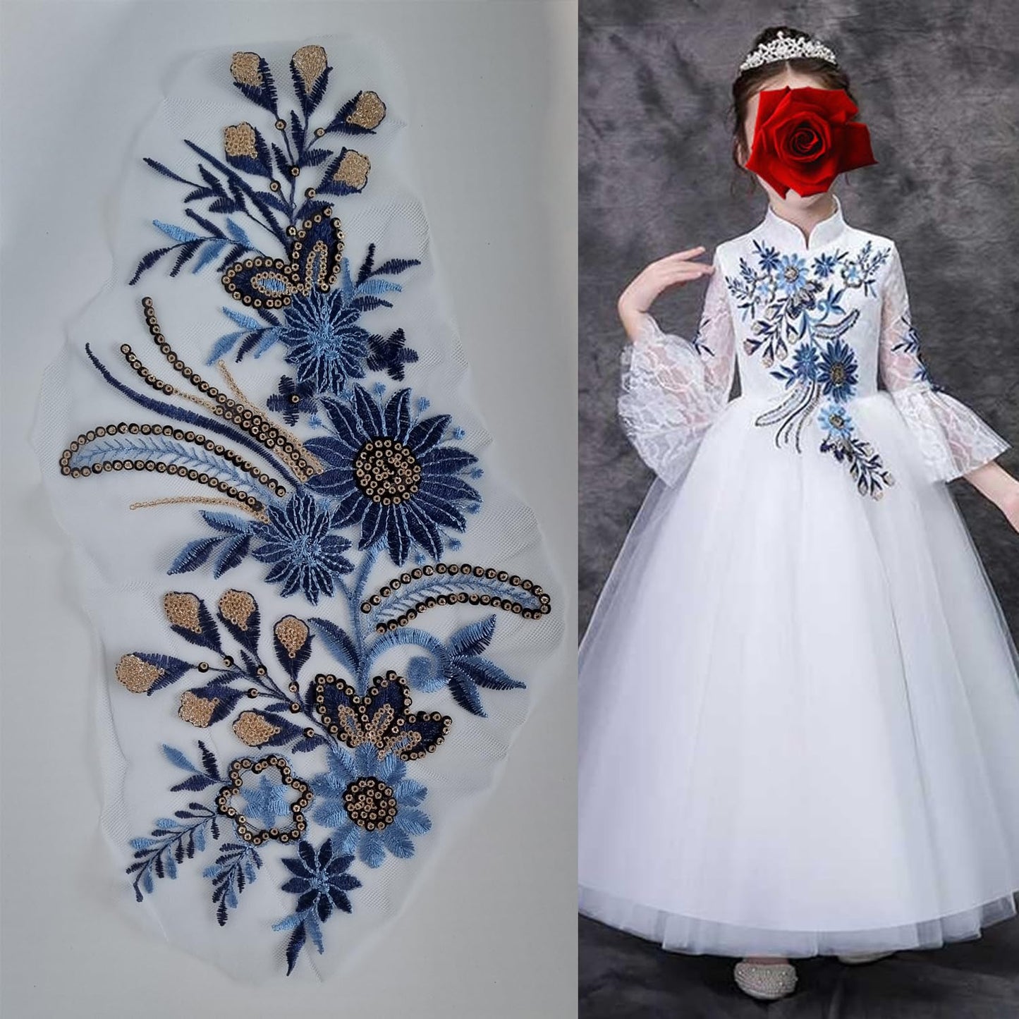 S.A.V.I 3D Blue  Gold Floral Embroidered Applique Patch | 16.5x7.5 in (42x19 cm) Mesh Lace Fabric for DIY Gown, Lehenga, Saree, Blouse, Bridal Dress  Craft Sewing Accessory (Blue  Gold)