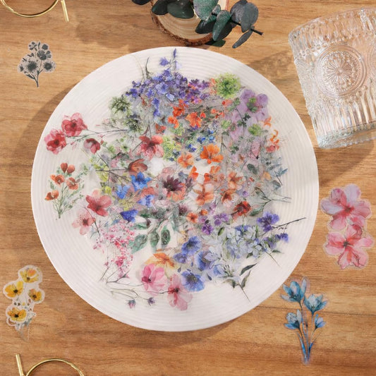 S.A.V.I Floral Transparent PET Stickers – 50 Sheets | Waterproof Matte UV | Multicolour Botanical Flowers (3–6 cm) | DIY Decor for Glass Cups, Bottles, Phone Covers, Journals & Crafts