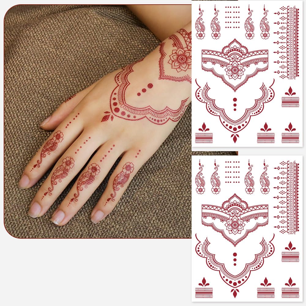 S.A.V.I 2 Sheets - Temporary Mehndi Tattoo Stickers for Hands (16x12 cm) | Red Henna Style | Waterproof, Non-Toxic | Mandala & Floral Design for Women & Girls | Festival & Bridal Use (#45)
