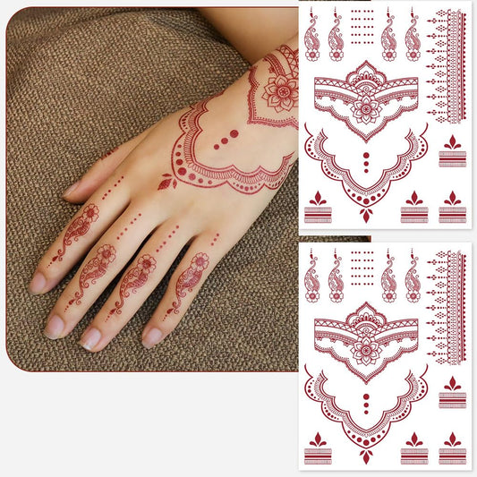 S.A.V.I 2 Sheets - Temporary Mehndi Tattoo Stickers for Hands (16x12 cm) | Red Henna Style | Waterproof, Non-Toxic | Mandala & Floral Design for Women & Girls | Festival & Bridal Use (#45)