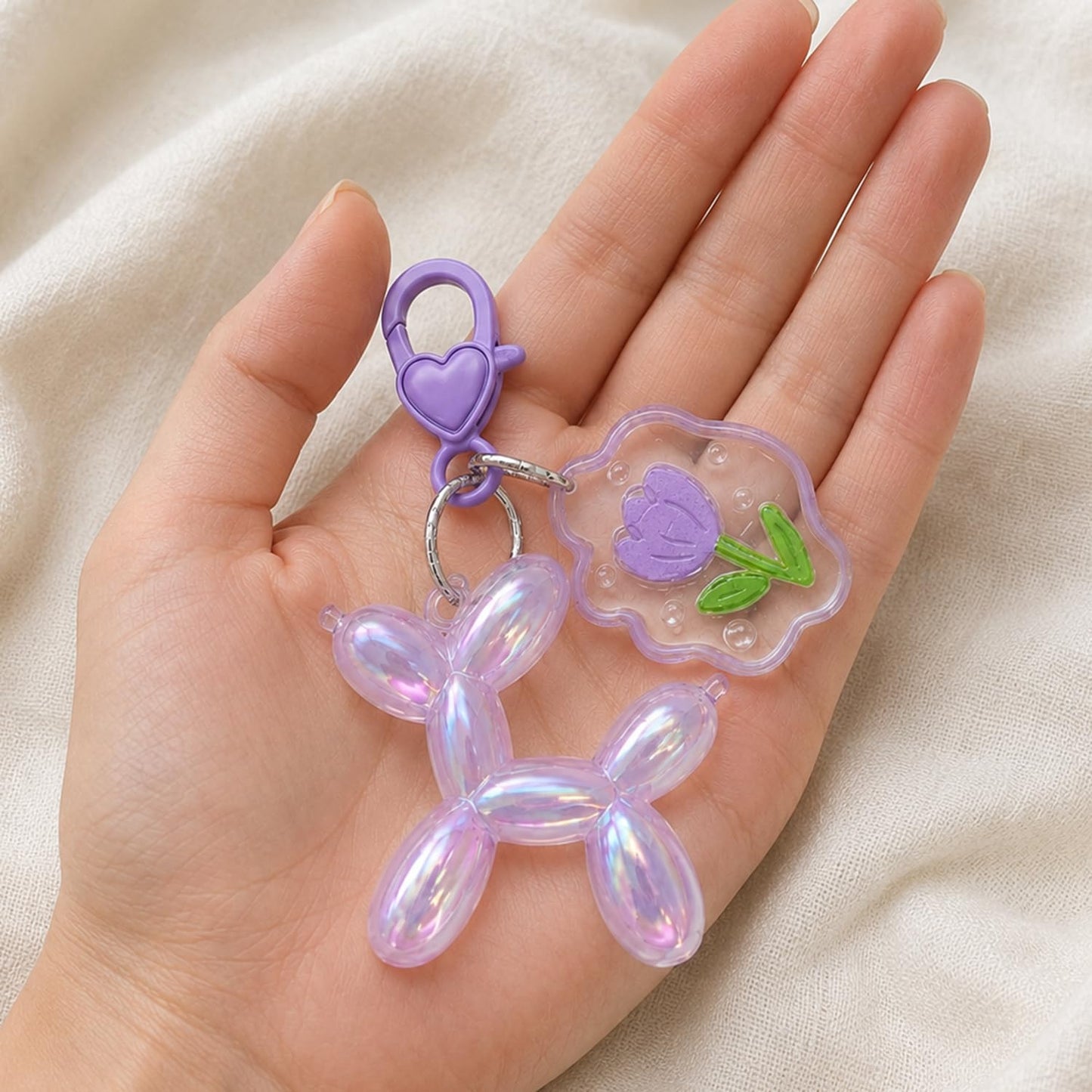 S.A.V.I Balloon Dog Keychain Resin Bag Charm Purple Pendant, Aurora Finish, 5.2 x 4.7 cm, Lightweight Accessory for Bags & Keys, Heart Clasp with Floral Charm, Gift for Girls & Women