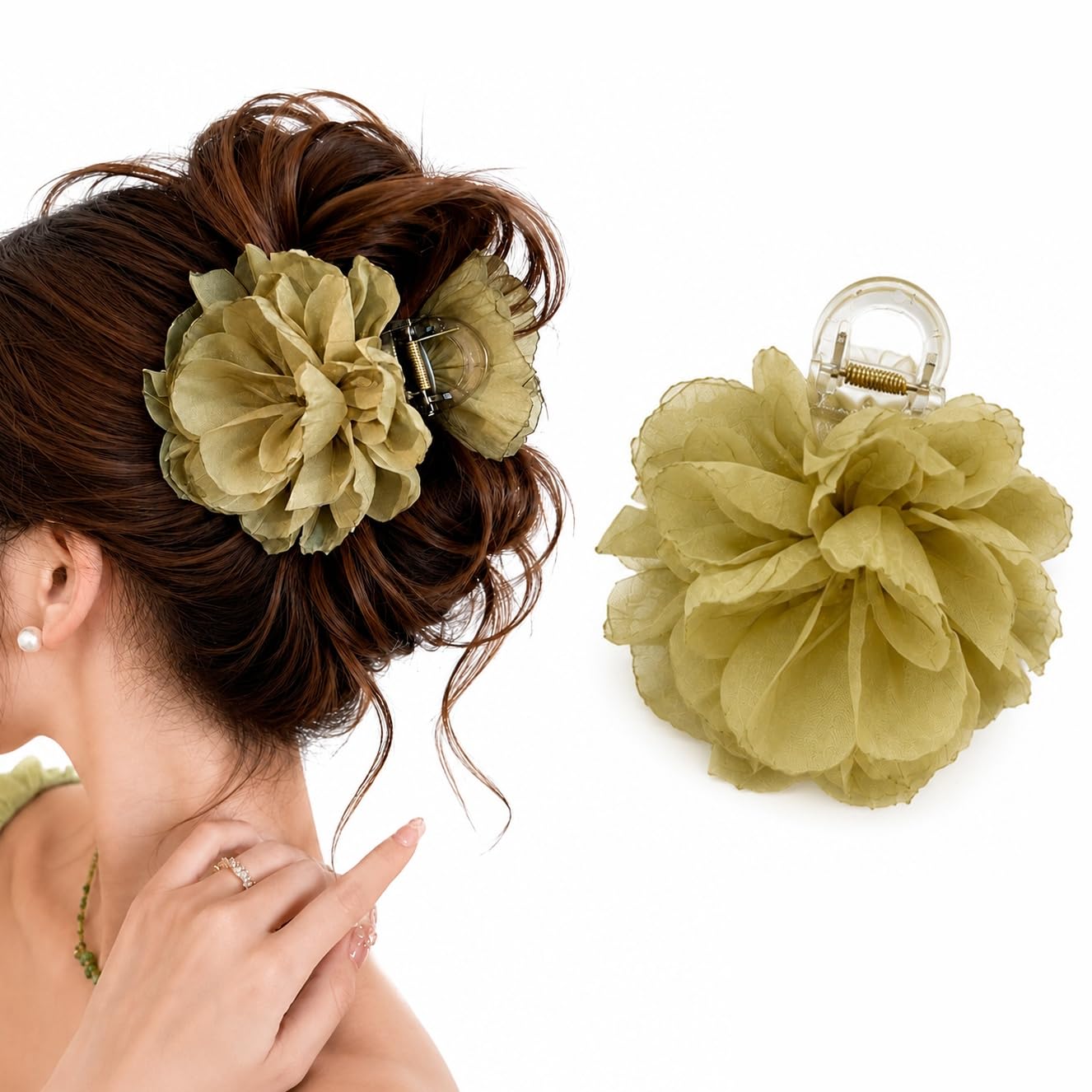 S.A.V.I Floral Hair Claw Clip for Women, Olive Green, 8 cm | Lightweight Mesh, Strong Grip, Everyday Styling, Office & Party Use, Blossom Design