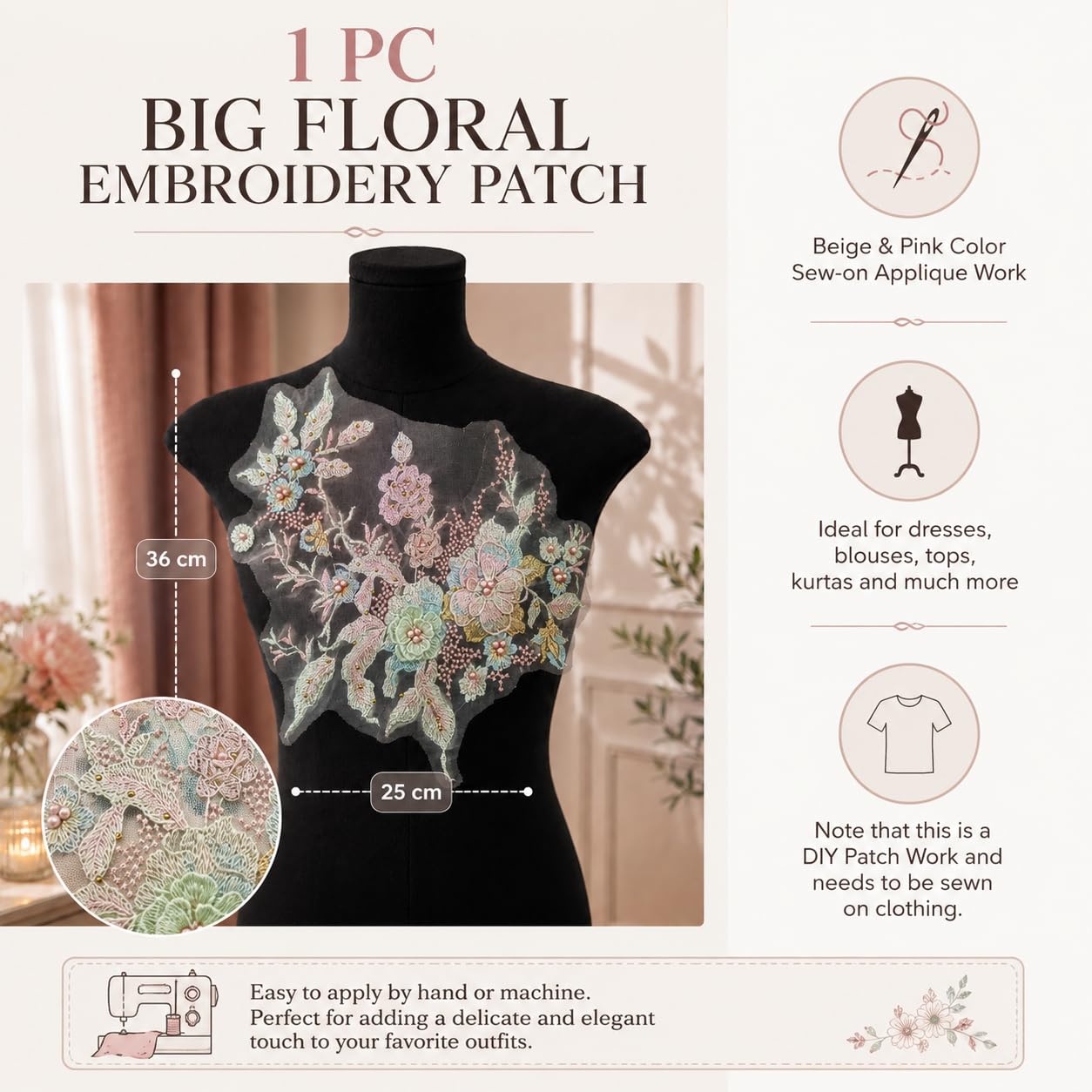 S.A.V.I Big Floral Embroidery Patch Sew-On Applique 36x25 cm|Beige & Pink Mesh Design, DIY Craft Embellishment, For Saree Blouse & Kurta, Hand or Machine Stitch, 1 Pc