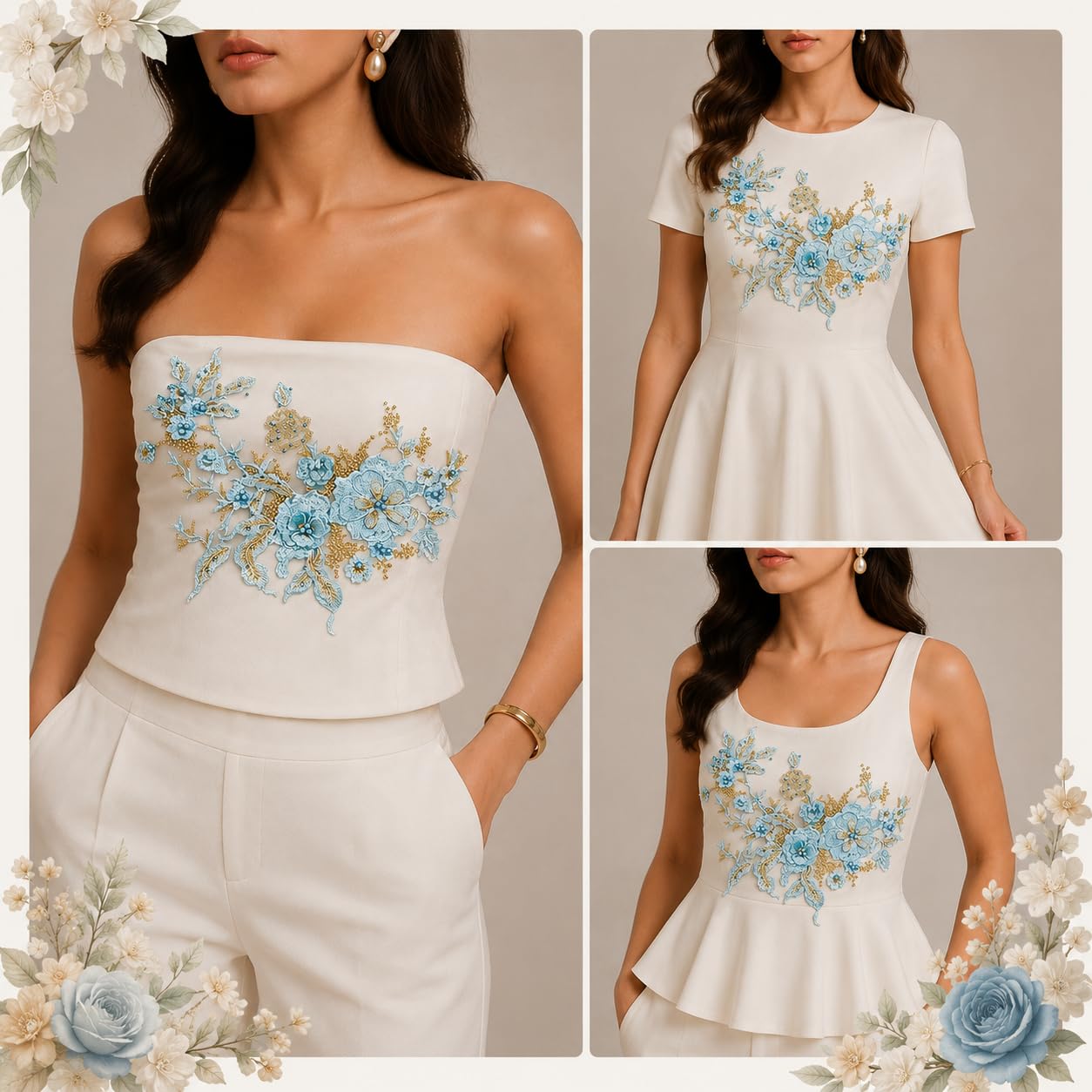 S.A.V.I Floral Embroidery Applique Patch Sew-On Cyan 36x25 cm|DIY Lace Motif With Beadwork For Dresses, Kurtas, Blouses & Tops; Custom Garment Embellishment, 1 Piece