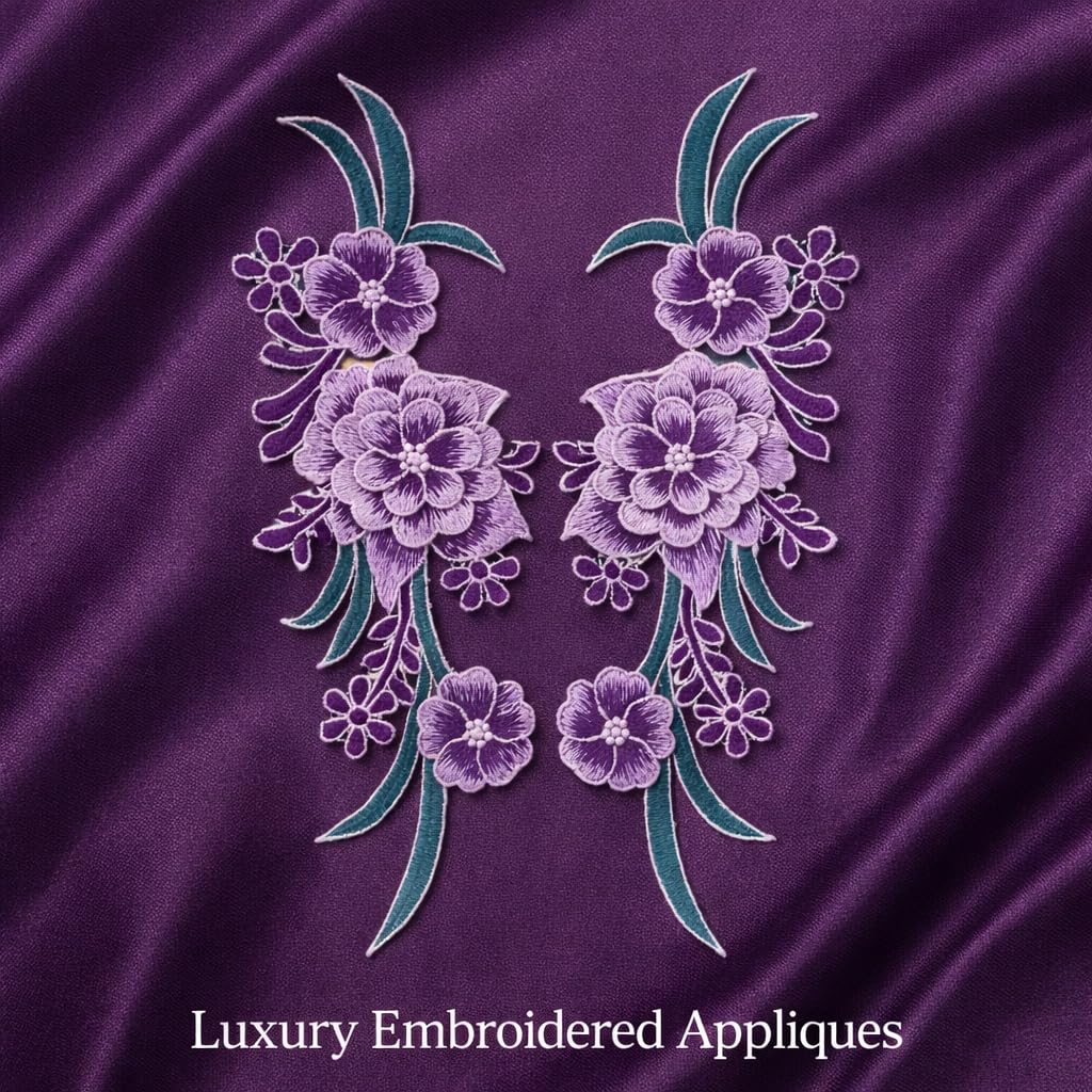 S.A.V.I Pair of Purple Floral Embroidered Sew-On Applique for Women Dresses & Kurtis | Thread Work Flower Design | 12.5 x 33.5 cm Decorative Garment & Craft Patch (Purple)