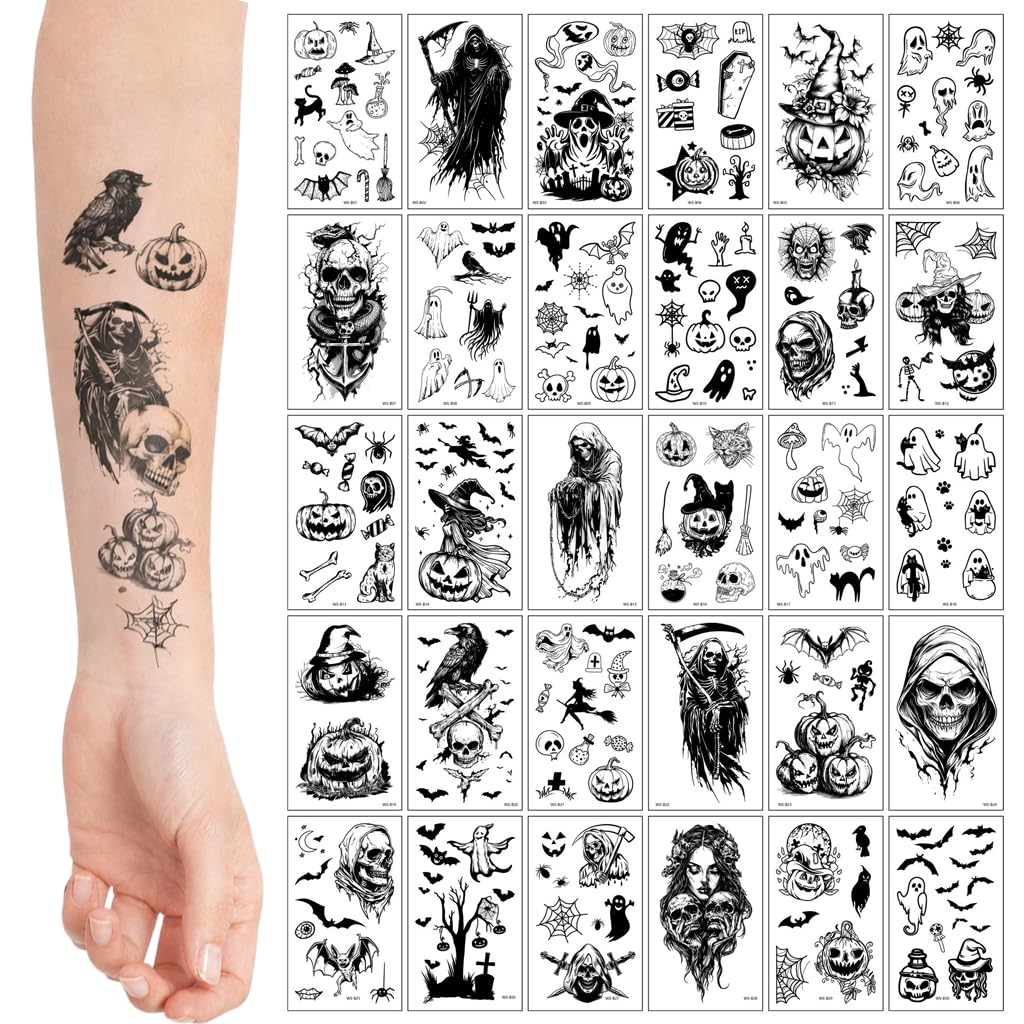 S.A.V.I 30 Sheets Halloween Temporary Tattoos for Women & Kids – Waterproof Non-Toxic Body Art Stickers 5.7x9.7 cm | Skull, Pumpkin, Ghost & Bat Designs for Festival, Party Favors (#319)
