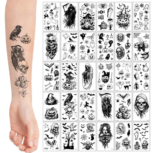 S.A.V.I 30 Sheets Halloween Temporary Tattoos for Women & Kids – Waterproof Non-Toxic Body Art Stickers 5.7x9.7 cm | Skull, Pumpkin, Ghost & Bat Designs for Festival, Party Favors (#319)