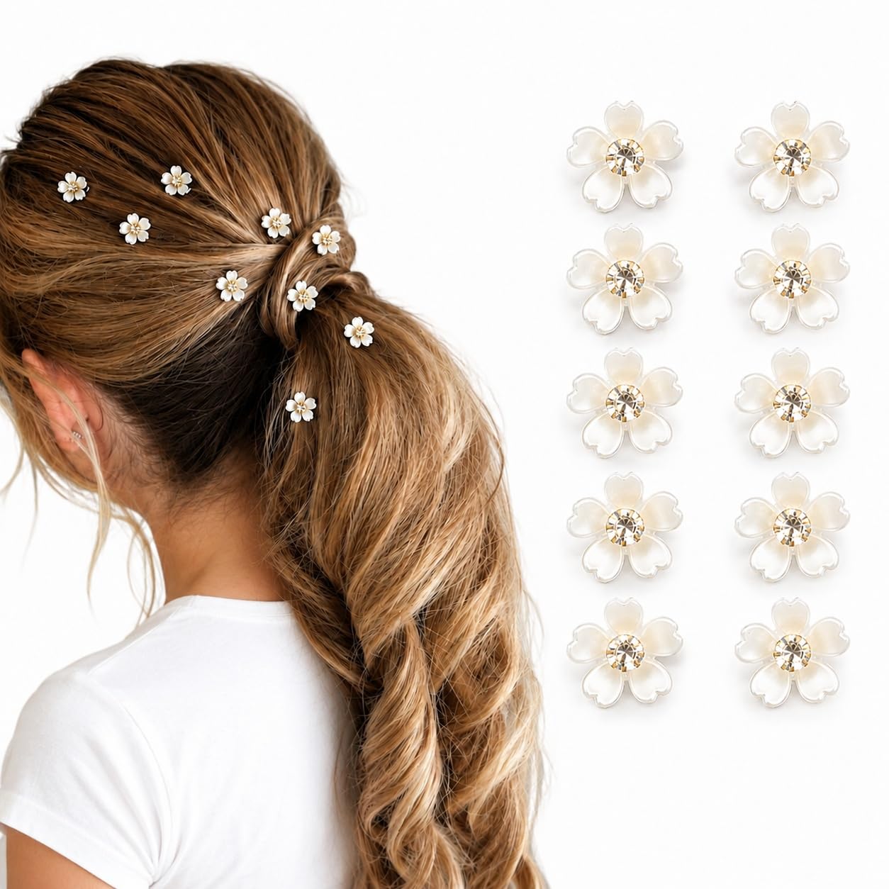 S.A.V.I White Floral Hair Clips with Crystal Center, 1.5 cm Daisy | Set of 10, Bridal Hair Pins, Shell Finish, Wedding & Party, Girls & Women