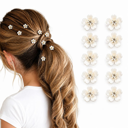 S.A.V.I White Floral Hair Clips with Crystal Center, 1.5 cm Daisy | Set of 10, Bridal Hair Pins, Shell Finish, Wedding & Party, Girls & Women