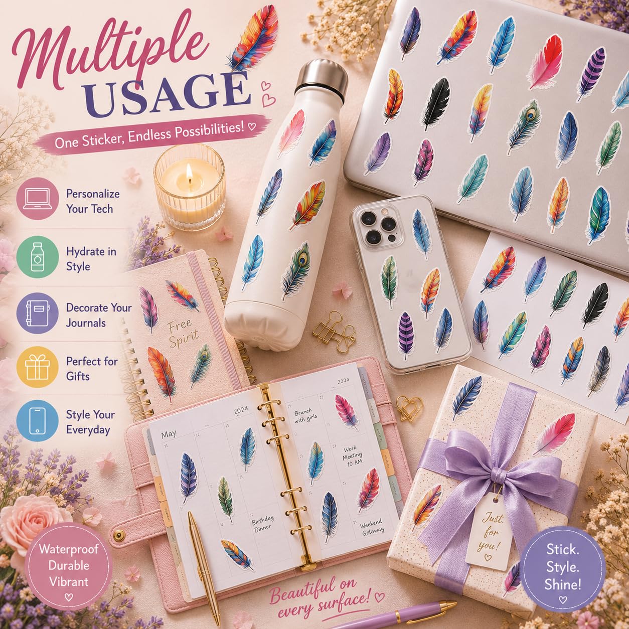 S.A.V.I 50 Pcs Colorful Feather Stickers Set, Waterproof Vinyl Decals