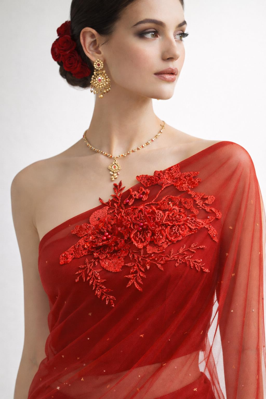 S.A.V.I Red 3D Floral Embroidered Appliqué Patch 20x25 cm | Handmade Net Thread Sew-On Lace Motif for Saree, Lehenga, Gown & Blouse Design (Red)