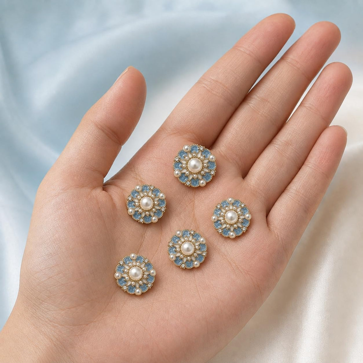S.A.V.I Pearl Rhinestone Shank Buttons Gold Tone Blue Enamel 17.5mm | Set of 5, Floral Design, For Kurtis & Blouses, DIY Crafts, Sewing Fasteners