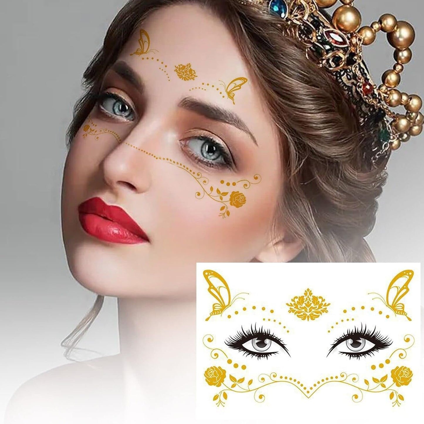 S.A.V.I Temporary Golden Face Tattoos with Butterflies and Roses - Achieve a Stunning Look with Effortless Application, Realistic Appearance, Durable Wear, and Easy Removal