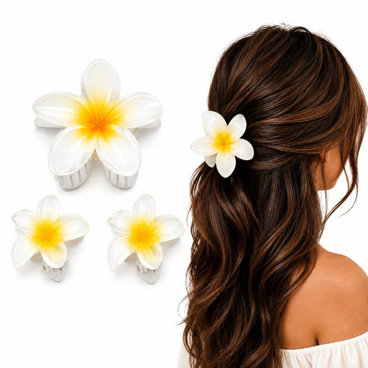 S.A.V.I Floral Resin Plumeria Hair Claw Clips White 8cm & 4cm | Set of 3, Strong Grip, Lightweight, Tropical Style, Women & Girls