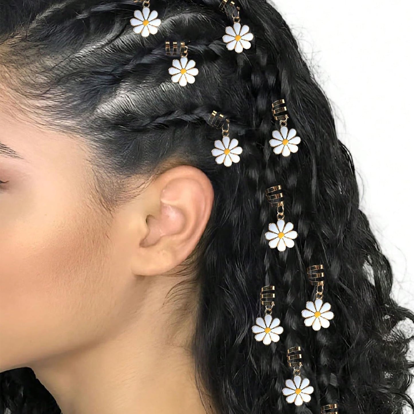 S.A.V.I 45 Pcs Daisy Flower Hair Braid Rings Set for Women & Girls, Gold Metal Dreadlock Cuffs with White Floral Charms, Boho Braiding Accessories for Braids, Locs, Ponytails & Hair Styling