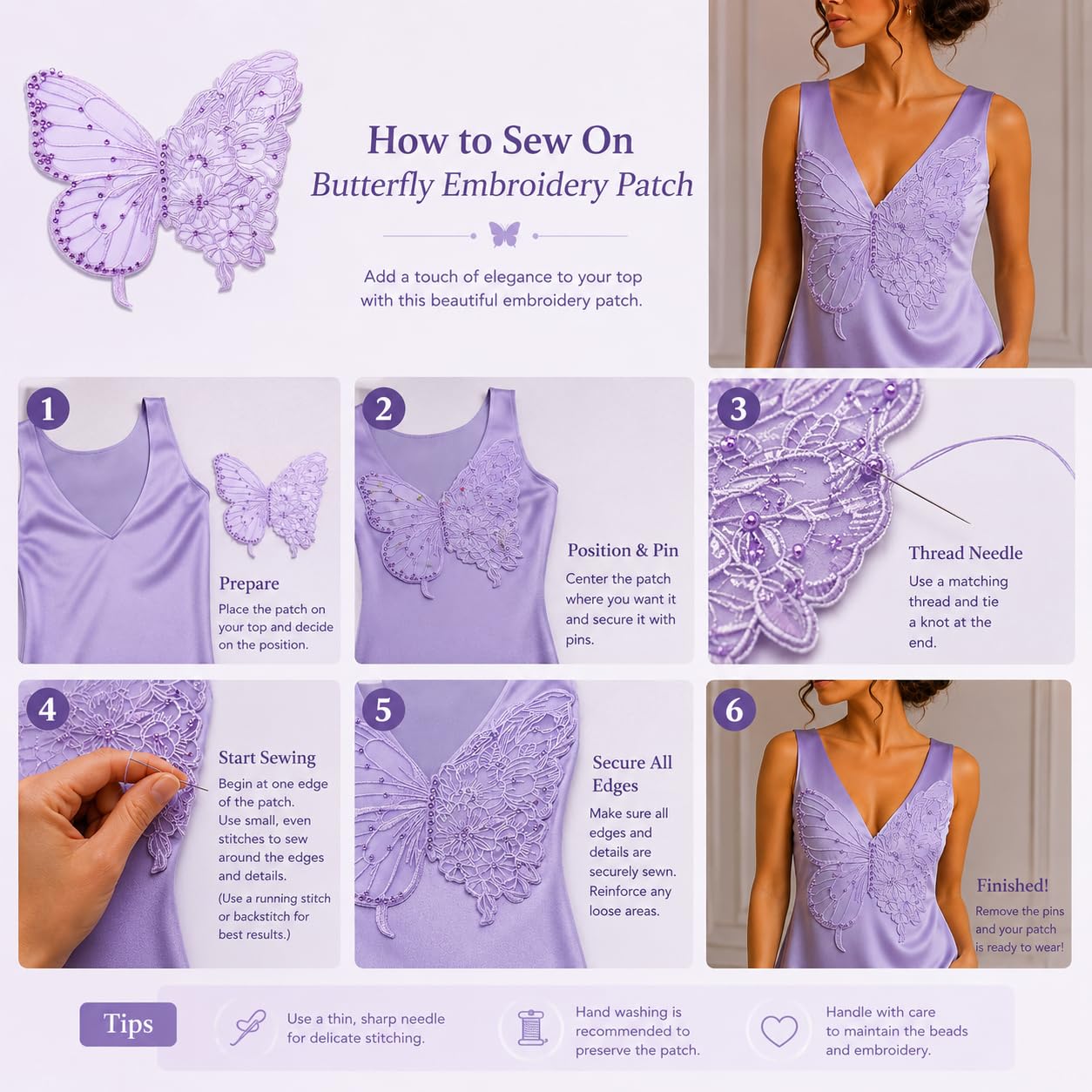 S.A.V.I Butterfly Embroidery Patch Sew-On Rhinestones Applique Purple Mesh|Ultra Thin 35x32 cm Floral Lace Design for Kaftan, Dress, Blouse & Tops, Lightweight Decorative Craft Embellishment for Women