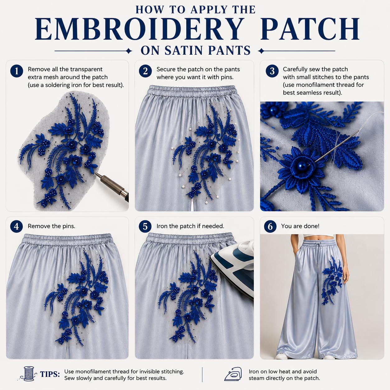 S.A.V.I Royal Blue Floral Embroidery Patch Sew-On Applique 34x25cm|Beaded Lace Motif, Mesh Fabric for DIY Saree, Kurti, Gown, Blouse, Jacket & Costume Customization