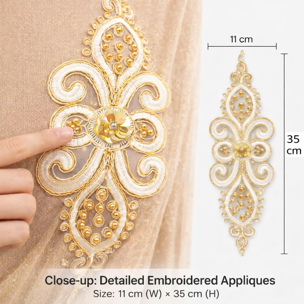 S.A.V.I Pair of White & Gold Floral Embroidered Sew-On Appliqué (11×35 cm) | Zardozi Beaded Threadwork Motif – Saree, Lehenga, Kurti & Blouse Neck Design (White-Gold)