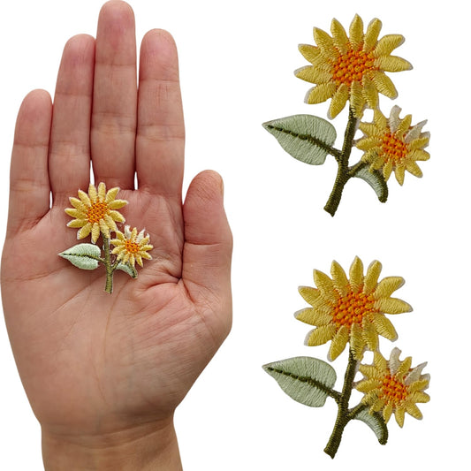S.A.V.I 2 Pcs Sunflower Embroidered Iron On Patches Yellow & Green Floral Applique, 1.6 x 1.4 Inch Thread Fabric Patch for Jeans, T-Shirts, Bags, DIY Clothing Repair & Decor