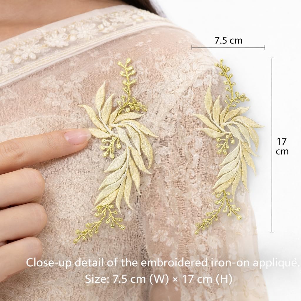S.A.V.I Yellow & Silver Floral Iron-On Embroidered Appliqué Patch 7.5 x 17 cm | Leaf Motif Threadwork Design for Dresses, Sarees, Blouses & DIY Fabric Craft (Right, Yellow, 7.5 x 17 cm)