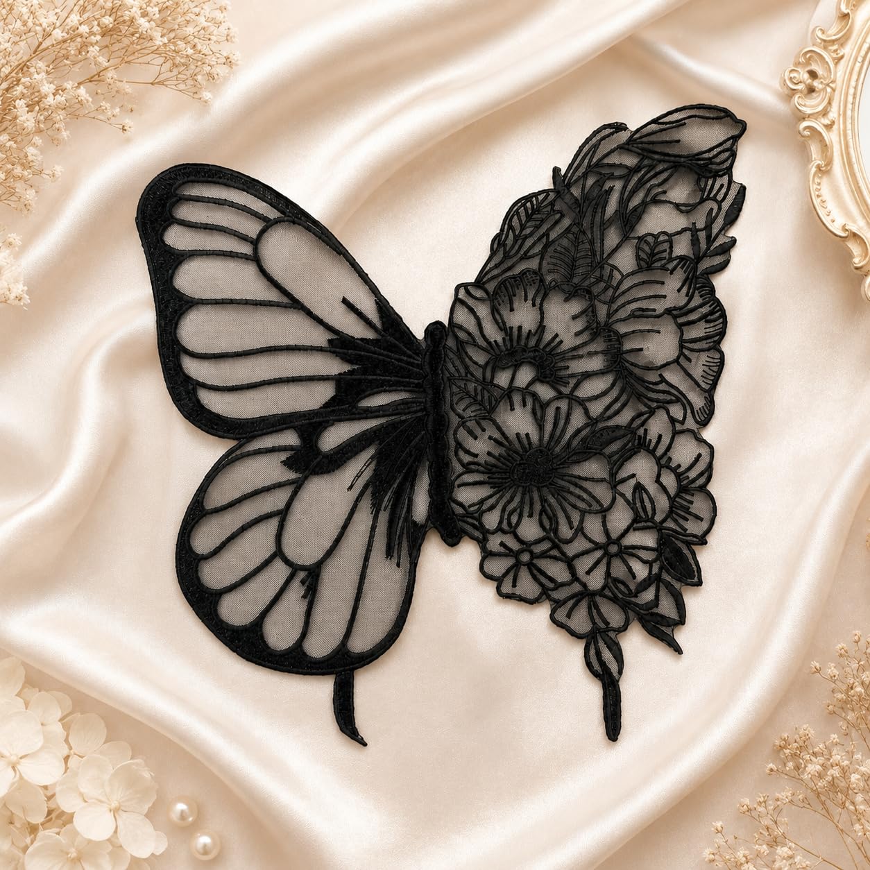 S.A.V.I Butterfly Floral Embroidery Sew-On Patch Black Mesh 35x32cm|Floral Lace Motif for Dresses, Blouses & Gowns, Premium Fabric, DIY Clothing Repair & Customization, Women Craft Accessory