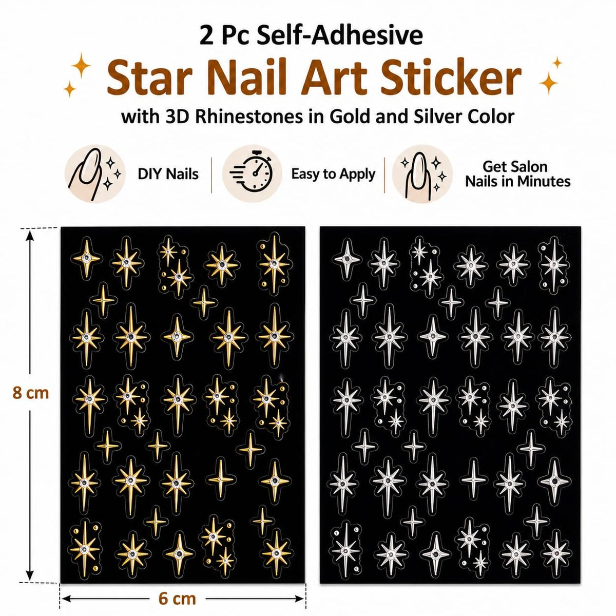 S.A.V.I 3D Star Nail Art Stickers with Rhinestones, Gold & Silver | Self Adhesive, 2 Sheets, 6 x 8 cm Each, DIY Manicure, Salon Style Finish