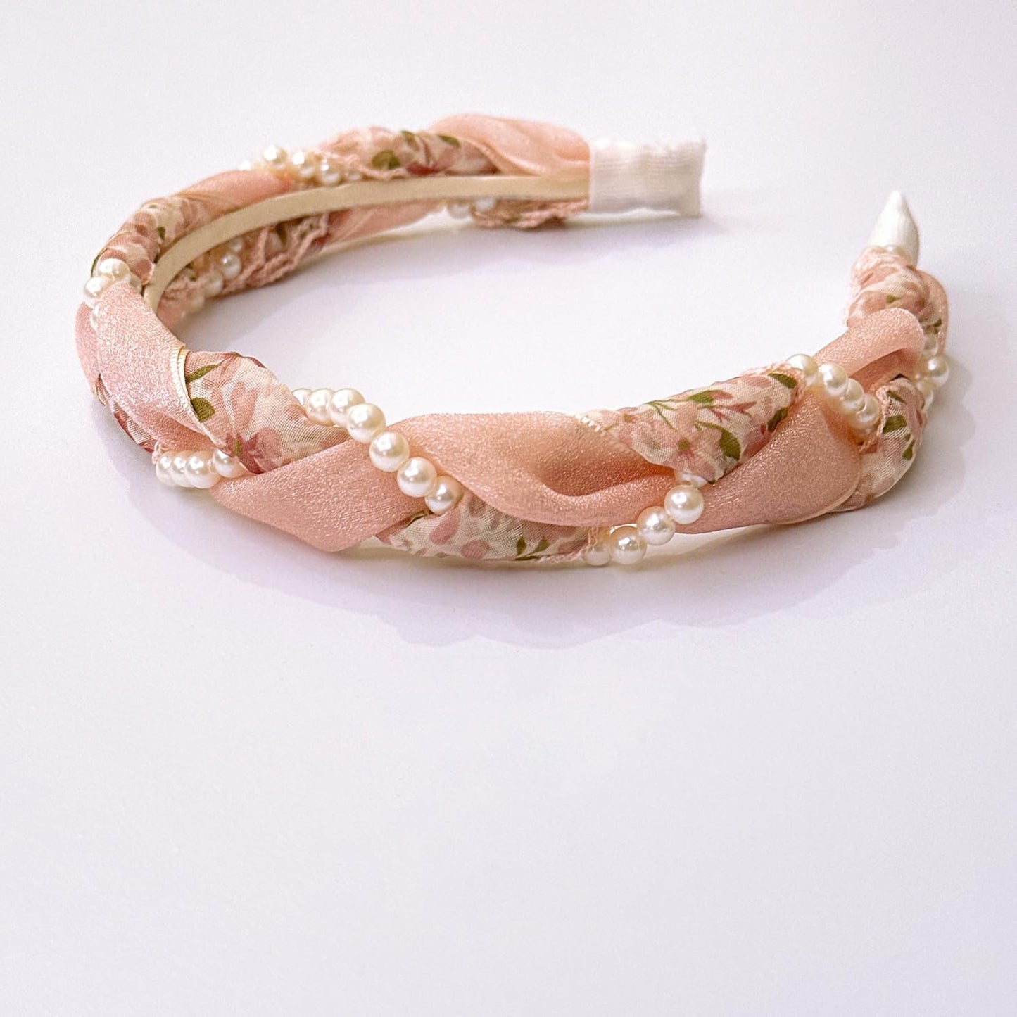 S.A.V.I Peach Floral Braided Fabric Headband with Pearls for Women & Girls | Soft Satin Twist Wide Hairband | Stylish Accessory for Parties, Festive & Daily