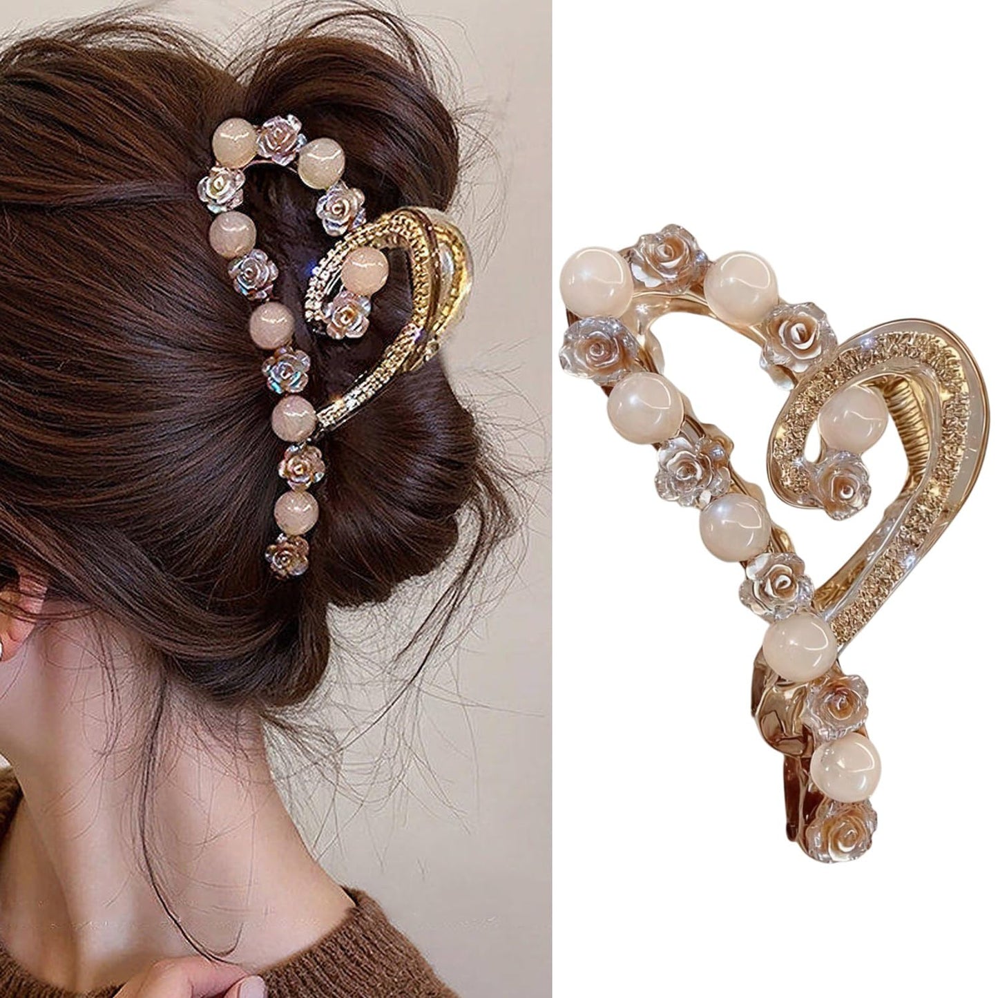 S.A.V.I Champagne Gold Floral Hair Claw Clip for Women, 12 cm Large Acrylic Clutcher with Rose Pearl Beads & Rhinestone, Strong Grip Bun Holder Hair Accessory for Party Daily