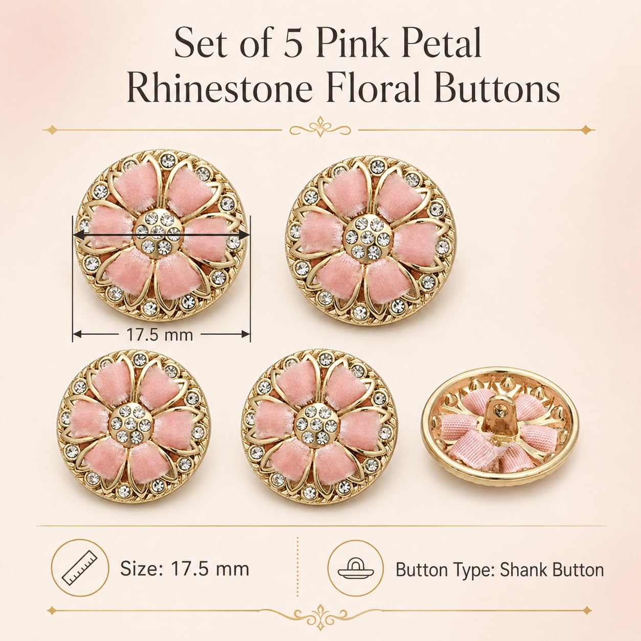S.A.V.I Rhinestone Floral Shank Buttons Pink Gold Tone 17.5mm | Set of 5, DIY Sewing Crafts, For Blouse & Kurti, Embellishments