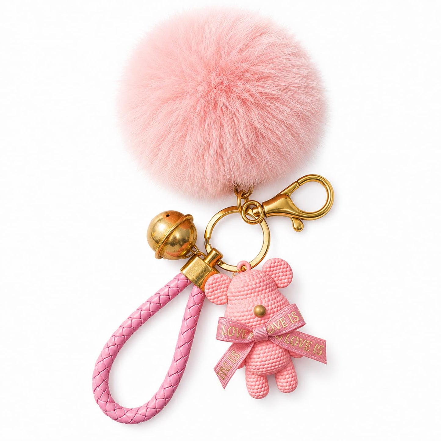 S.A.V.I Teddy Bear Pom Pom Keychain for Women & Girls, Pink Bag Charm, Soft Faux Fur, Braided Strap, Gold-Tone Bell, 13.5 Cm Cute Accessory For Keys, Handbags, Backpacks & Gifting
