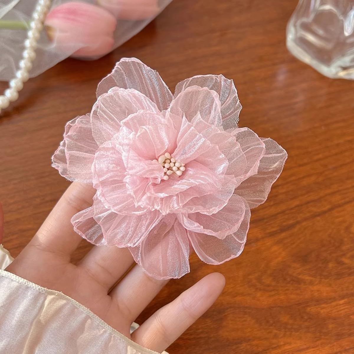 S.A.V.I Baby Pink Organza Flower Hair Clip for Girls & Women, 9 cm Large Floral Alligator Barrette, Soft Mesh Blossom Hair Accessory for Party, Wedding, Korean Style Hairstyles
