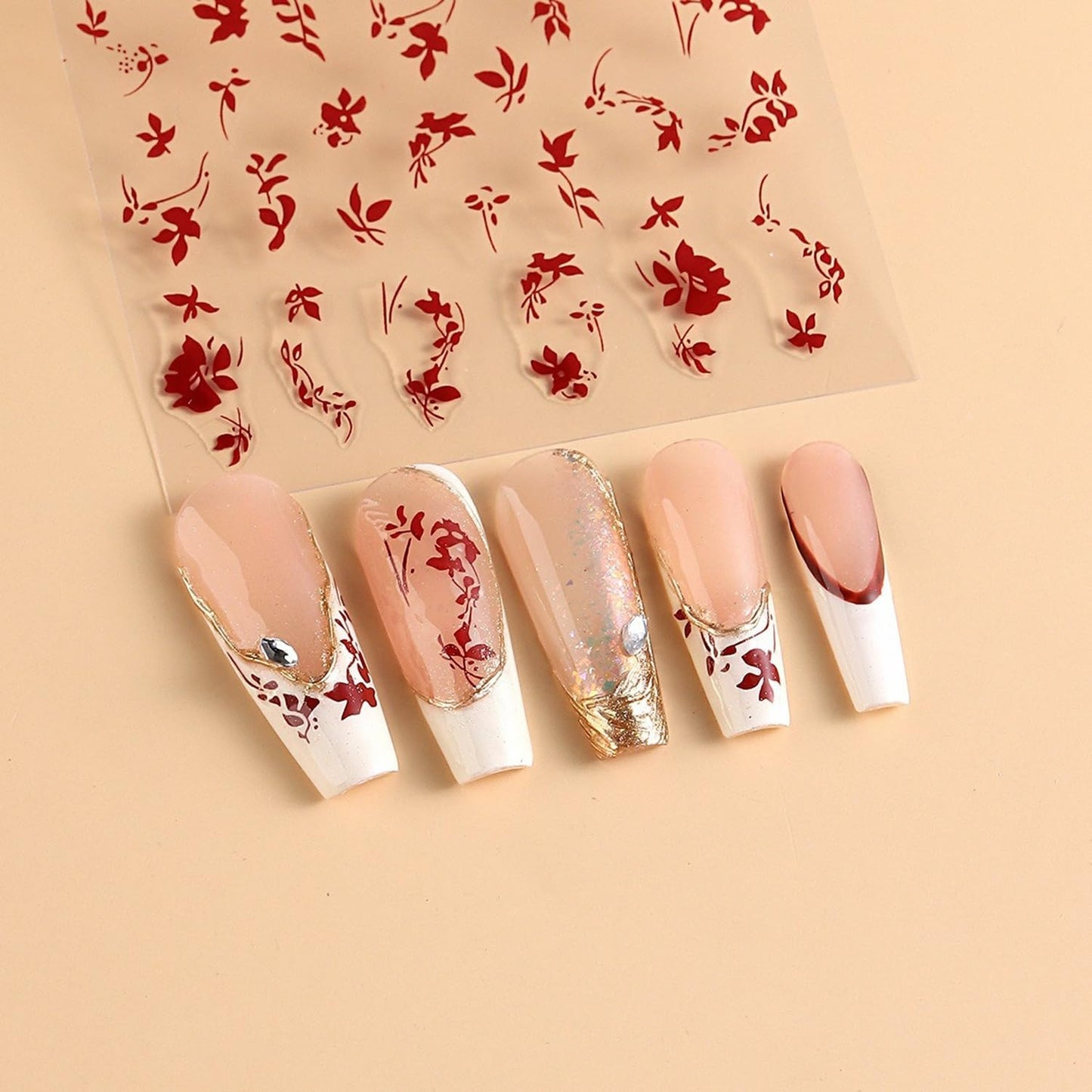 S.A.V.I 3 Sheets - Leaf Design Nail Art Stickers Self Adhesive Floral Nail Decals for DIY Manicure, Black White Red, Salon & Home Use