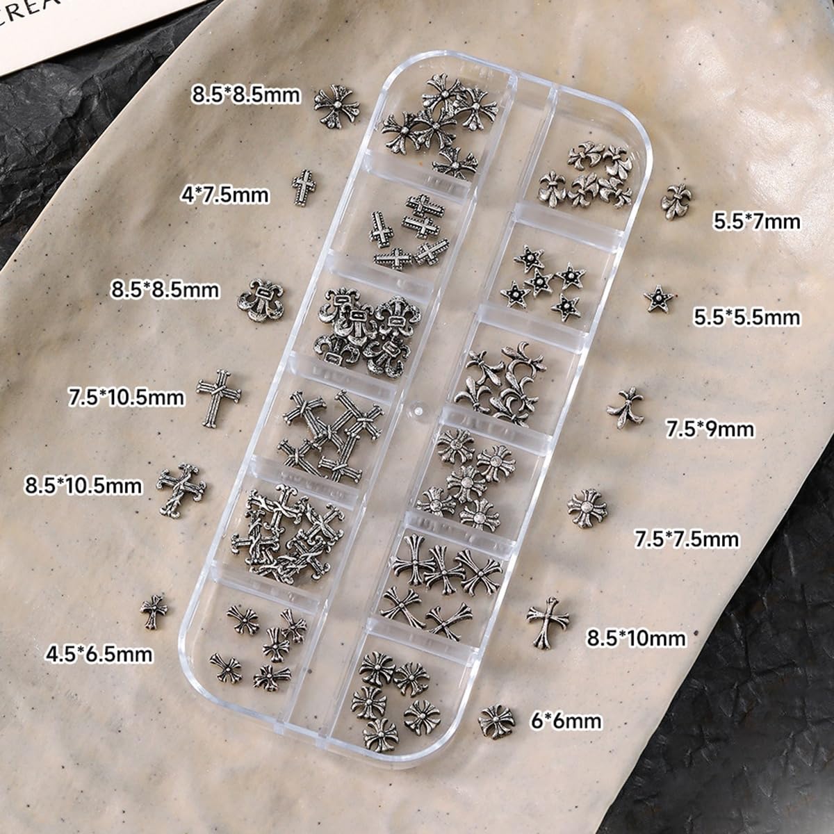 S.A.V.I 3D Alloy Gothic Cross Nail Charms, 12 Styles, Gun Black | Retro Punk Design, 12-Section Storage Box, DIY Manicure Use, Metal Studs, Salon & Home