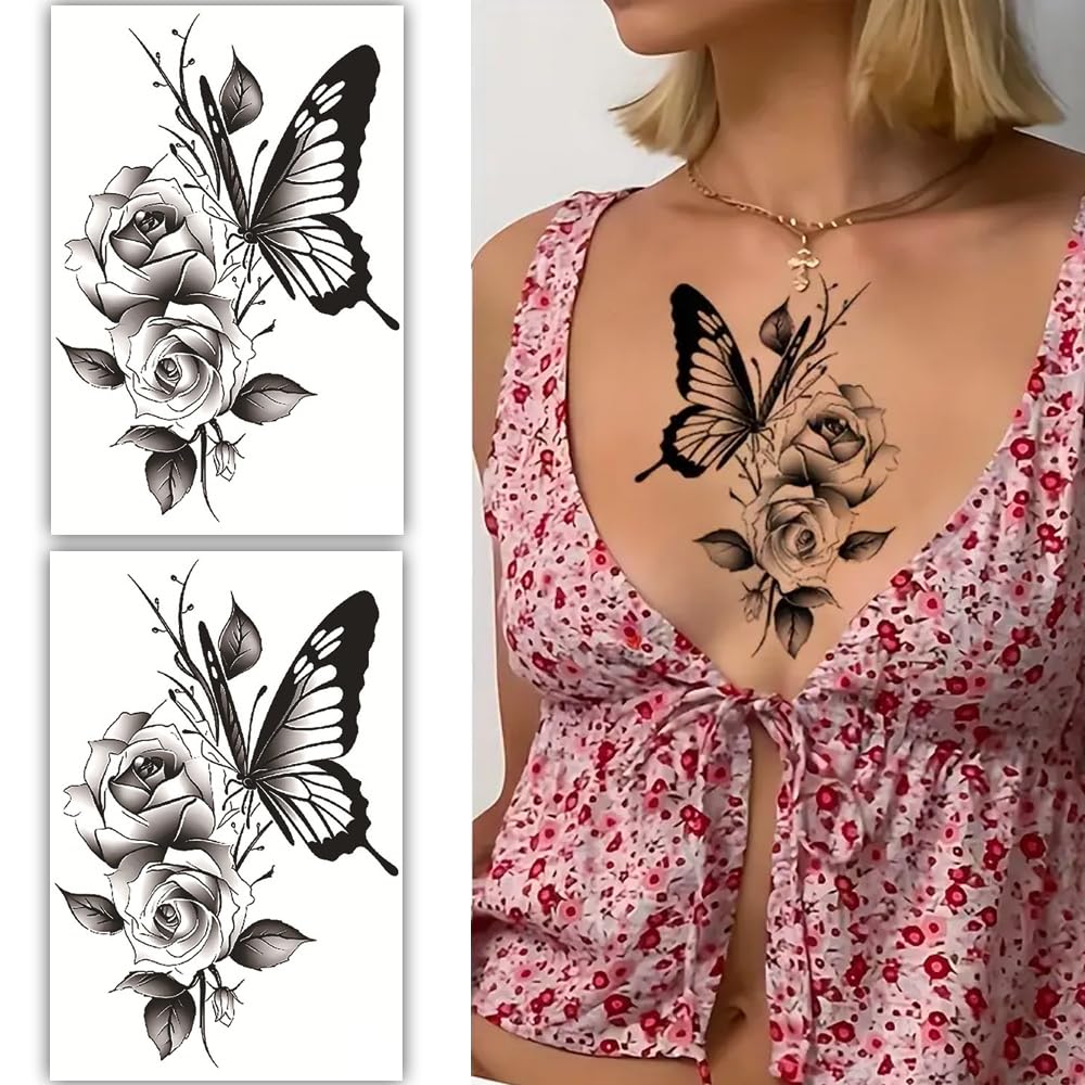 S.A.V.I 2 Sheets Black Floral Butterfly Temporary Tattoos - Large 19x12cm Waterproof Body Art Stickers for Girls  Women - Long-Lasting, Easy Application - Perfect for Chest, Arm, Back