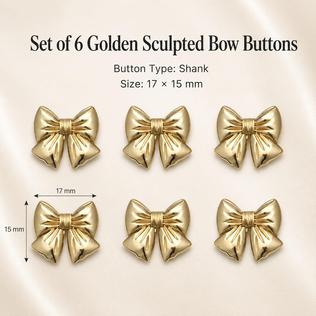 S.A.V.I Golden Bow Shank Buttons 17x15mm for Sewing Set of 6 | Gold Tone Finish, For Blazers & Dresses, DIY Crafts & Tailoring, Decorative Fasteners, Clothing Embellishment