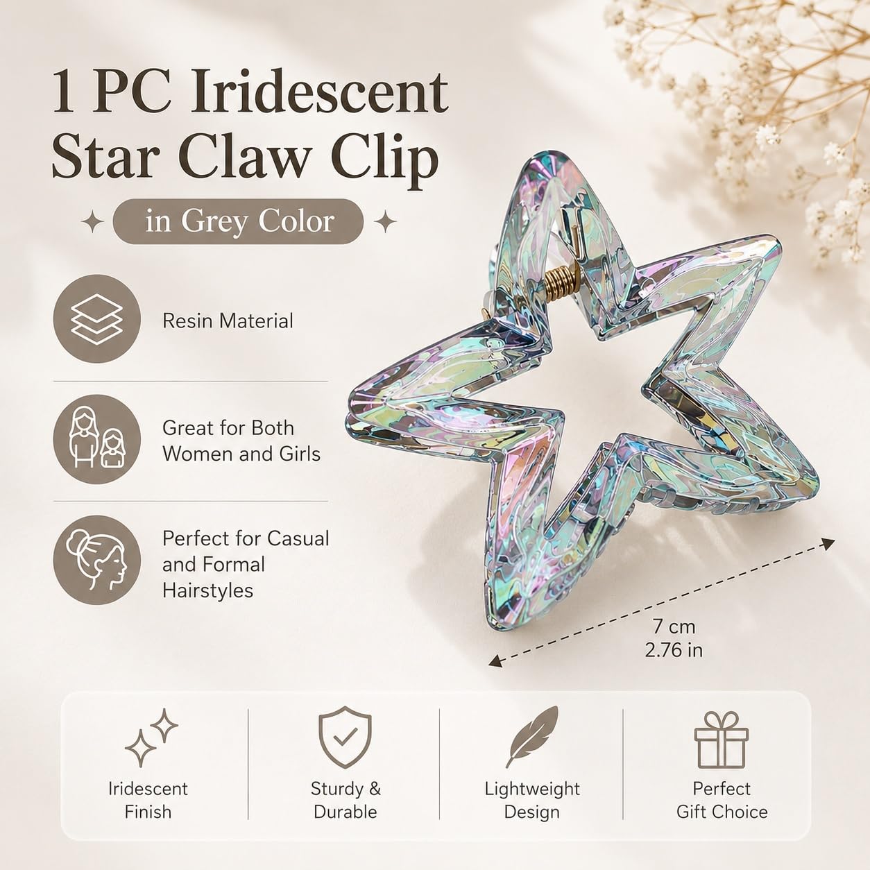 S.A.V.I Hair Claw Clip for Women Iridescent Star Grey 7 cm | Resin Material, Strong Grip, Casual & Party Use, Lightweight, For Girls