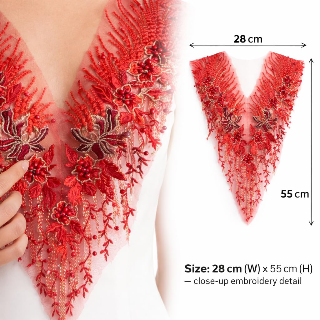 S.A.V.I Red Floral Embroidered Net Applique Patch 28 x 55 cm | V-Neck Lace Motif with Beads & Thread Work for Bridal Lehenga Gown Blouse Decoration (Red)