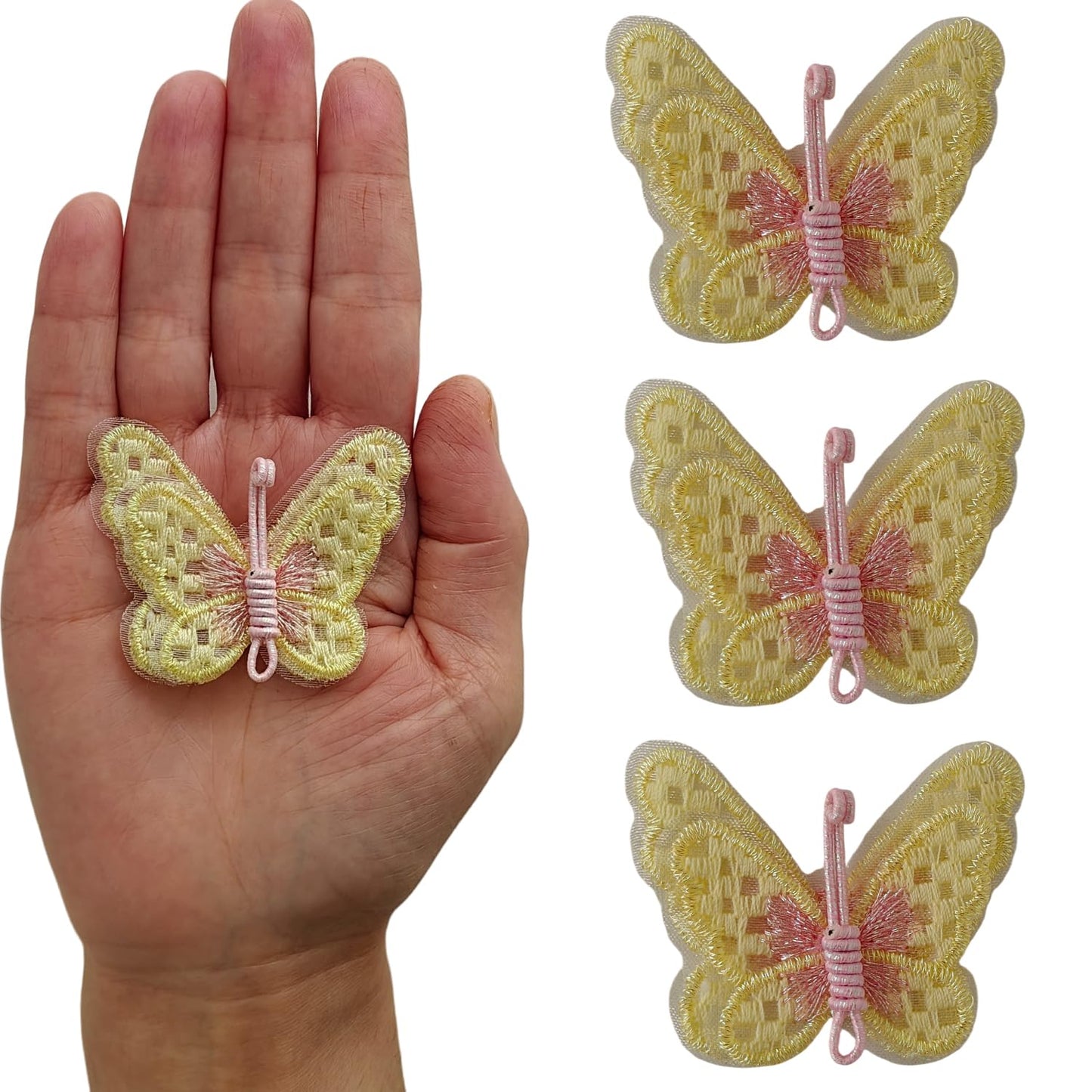 S.A.V.I 3 Pcs Butterfly Embroidered Sew-On Applique Patch, Yellow & Pink Fabric Motif, 2 x 1.7 Inch Handmade Thread Work for Dress, Blouse, Kids Wear, Craft & DIY Decoration (Yellow)