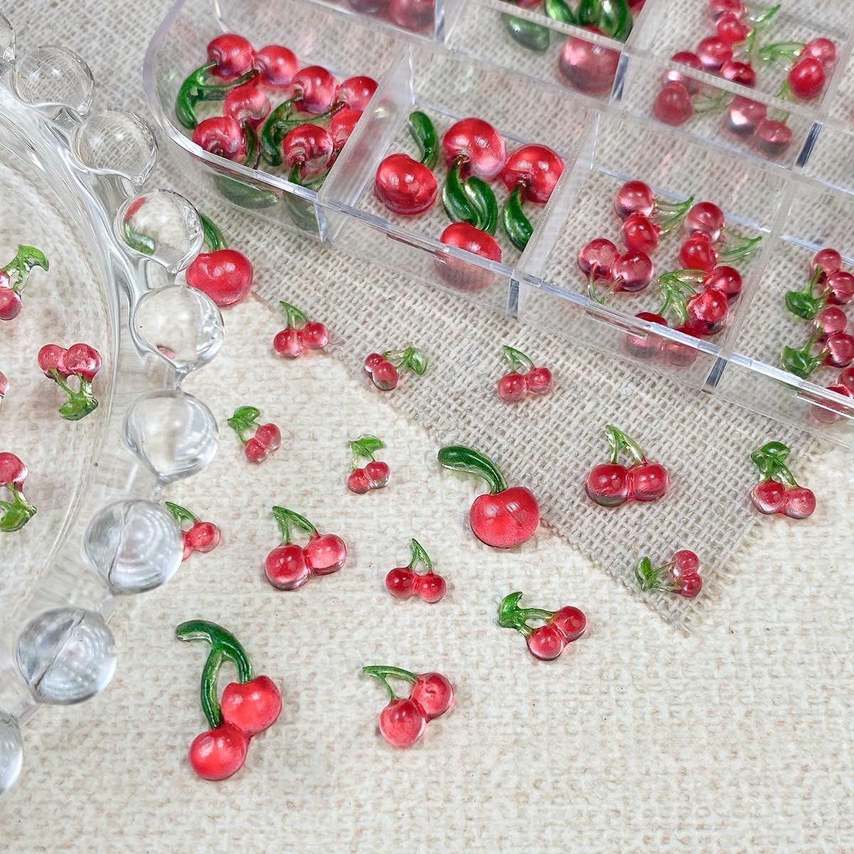 S.A.V.I 3D Cherry Nail Art Charms Set (62 Pcs) | Red & Green Resin Mini Fruit Designs | Mixed Sizes | Glossy Finish | DIY Nail Decoration | 12-Grid Storage Box