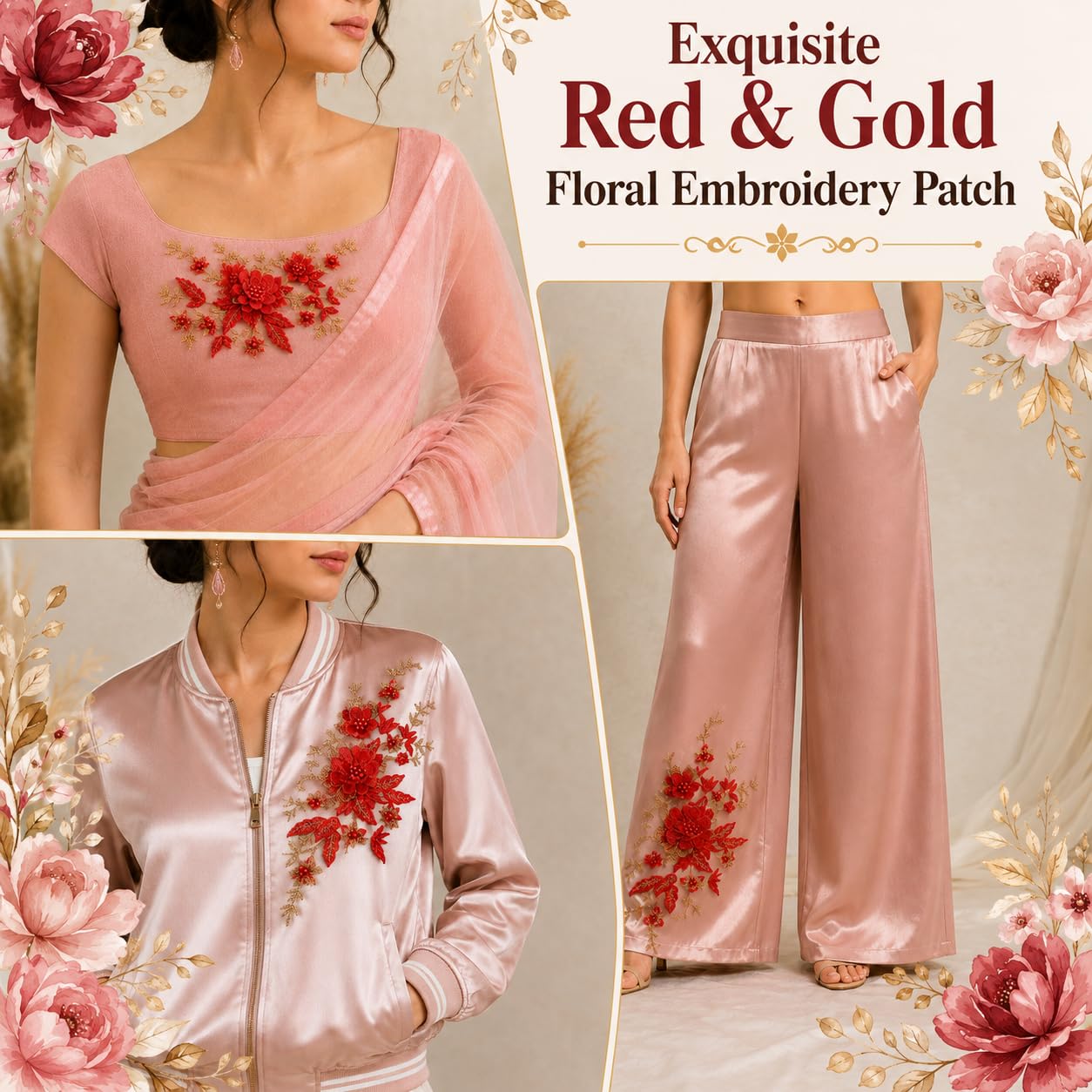 S.A.V.I Floral Embroidery Patch Sew-On Applique Red Gold 29x14cm (Red)|Decorative Lace Motif with Pearl Beads for Kurtas, Saree Blouses, Dresses, Jackets & DIY Craft Customization