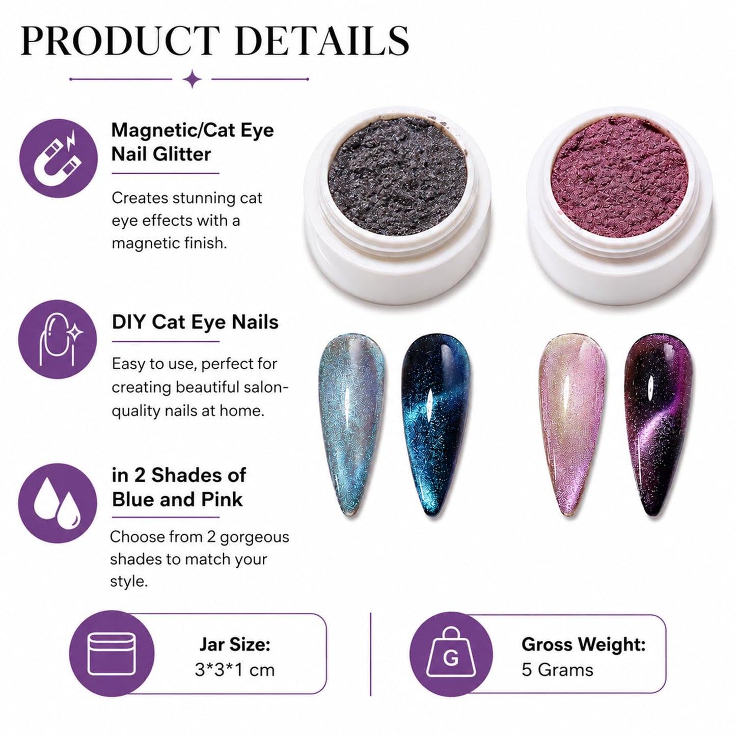 S.A.V.I Cat Eye Nail Glitter Powder 5g Magnetic Chrome Pigment | Blue & Pink Shades, Shimmer Finish, Mix with Gel Polish, DIY Home Manicure, For Professionals