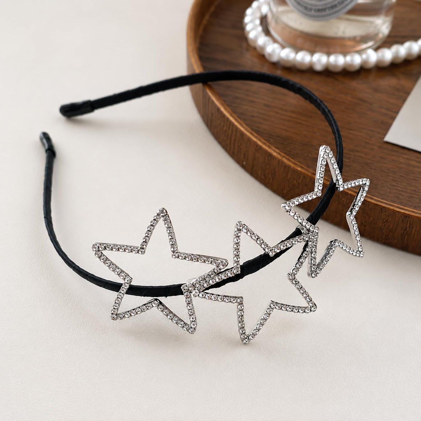 S.A.V.I Rhinestone Star Headband for Women & Girls, Black, Hollow-Out Crystal Design, Fabric Wrapped Band, 14 x 13 cm, Comfortable Fit for Party, Casual & Formal Wear