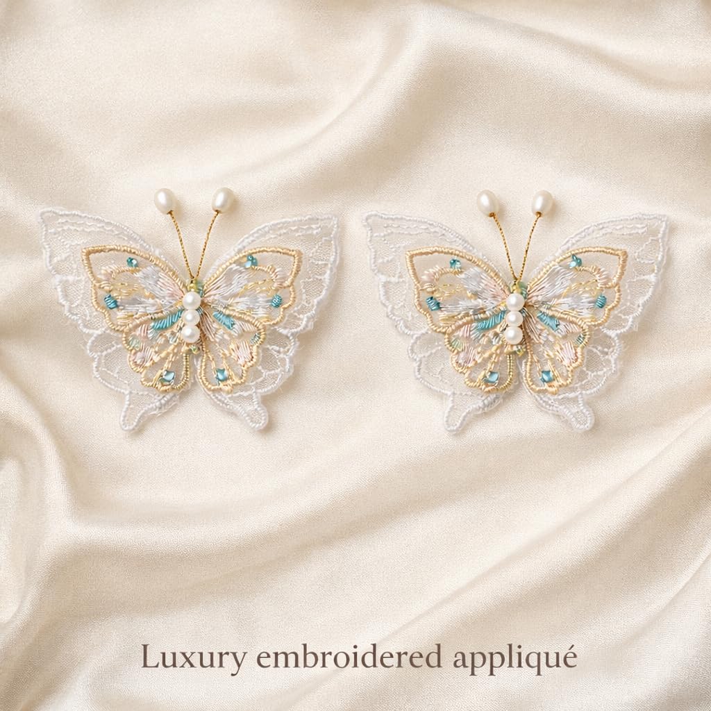 S.A.V.I White & Gold Butterfly Embroidered Sew-On Appliqué Patch Pair 6.5 x 6 cm | Pearl Beaded Lace Fabric Motifs for Dresses, Blouses, Sarees & DIY Craft Decor (Green)