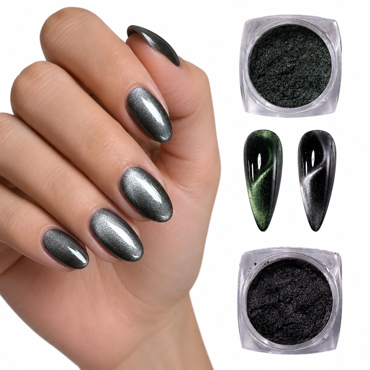 S.A.V.I Cat Eye Magnetic Nail Powder Set Green & Silver 2x5g | DIY Chrome Pigment, Shimmer Effect, Mix 1:1 Formula, Salon & Home Use, 2 Jars Included